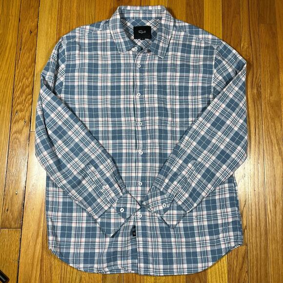 Rails Mens Wyatt Shirt Button Up Long Sleeve Melon Pink Blue Plaid Cotton Large - Picture 2 of 10